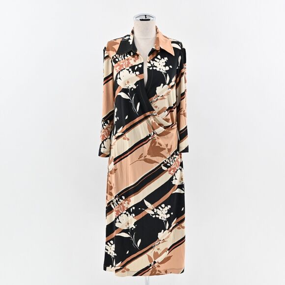 BCBGMAXAZRIA Dress Sz L Brown Stripe Floral Collared Faux Wrap Long Sleeve Midi‎ - Picture 1 of 12